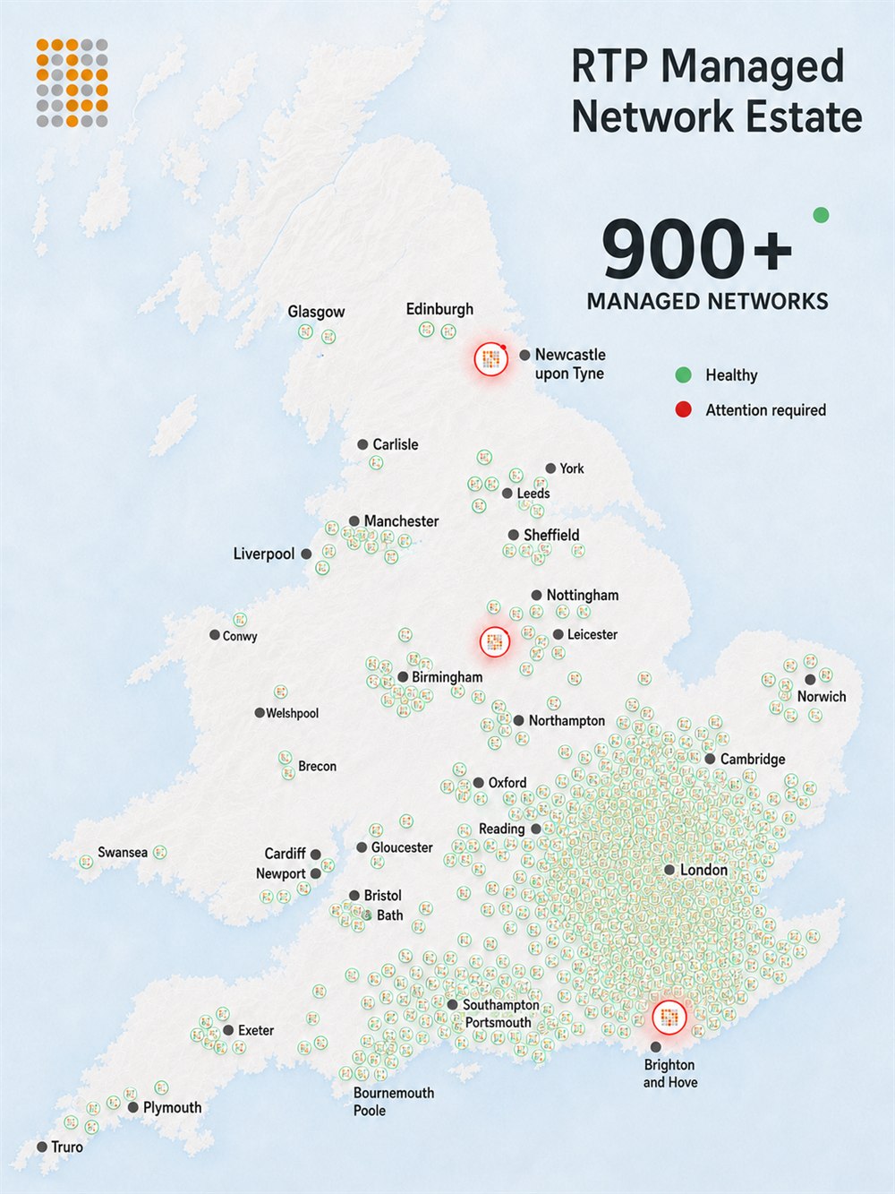 Map of the UK showing the RTP managed network estate — over 900 managed networks from Truro to Edinburgh, densest across London and the South East