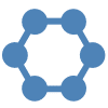 A blue hexagon adorned with four circles.